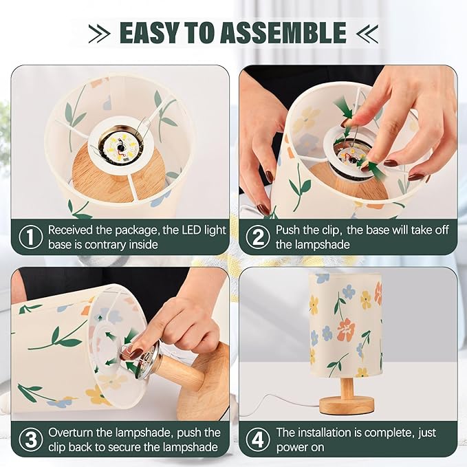 Colorful Floral LED Table Lamp, Bedside Lamp with Linen Lampshade, Flicker-Free Eye Care USB Plug in Nightstand Lamp, for Bedroom and Office