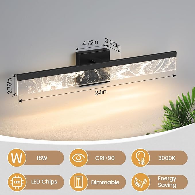 Modern Bathroom Light Fixtures Over Mirror - 24 Inch Black Vanity Light Bar 18W 3000K Dimmable LED Vanity Lighting Fixtures for Restroom Mirror