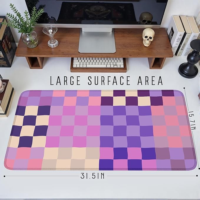 Pastel Purple Pink Checkered Desk Mat XXL Large Mouse Pad with Stitched Edges, Keyboard Pad Mouse Mat for Computer Deor Desk Matt for Desktop 31.5 X 15.7In