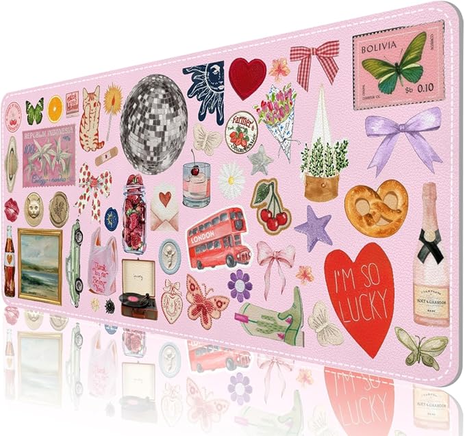 Pink Desk Mat, Leather Desk Pad Blotter Protector, XXL Large Mouse Pad,Computer Laptop Mouse Pads for Desktop,Waterproof Writing Anti-Slip Mousepad for Office and Home I Colorful Stickers