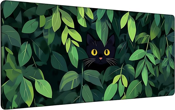 Large Mouse Pad 35.4x15.7 Inch Black Cat Hides Among The Green Leaves Gaming Desk Mat with Non-Slip Rubber Base, Stitched Edges for Gaming,Office
