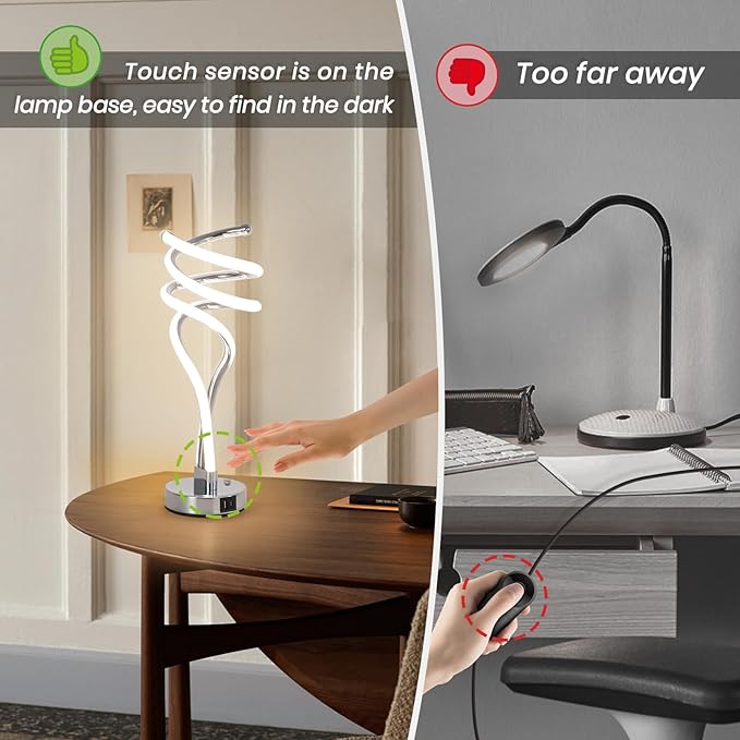 ElDISUNY Modern LED Table Lamp, 3 Color Temperatures,Touch Control CurveDimmable Bedside Table Lamps with USB Ports, Touch Control LED NightstandLamp, Desk Lamp for Living Room, Bedroom -Silver