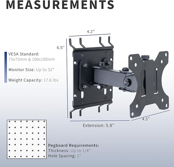 VIVO Articulating Single Monitor Pegboard Mount with Arm, Fits Screens up to 32 inches and Peg Boards up to 0.25 inches Thick with 1 inch Hole Spacing, Black, MOUNT-PB2A (Pack of 3)