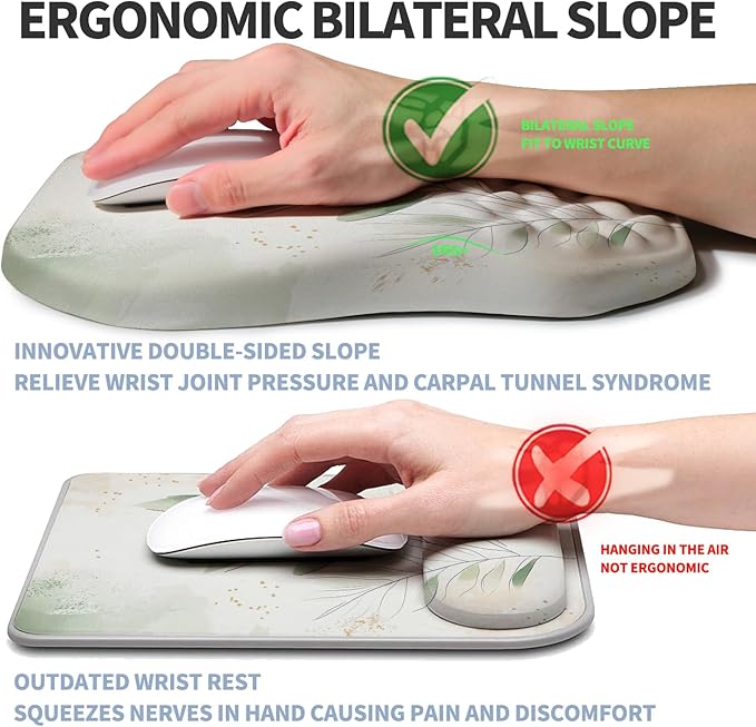Ergonomic Raised Mouse Pad Wrist Support with Bilateral Slope Memory Foam Mousepad for Wrist Rest and Carpal Tunnel 11.8x7.9〃 Green Leaf