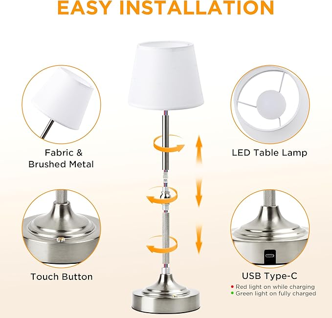 LUTEC 2 Pack Cordless Table Lamp, Battery Operated Lamp with 3 Color Temps and Stepless Dimming, 5200mAh Portable Rechargeable Table Lamp for Restaurant/Bedroom/Bars/Outdoor (Silver)