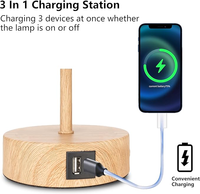 Bedside Table Lamp for Bedroom - 3 Way Dimmable Touch Lamp USB C Charging Ports and AC Outlet, Wood Base Round Flaxen Fabric Shade for Living Room, Desk,E26 Bulb Included
