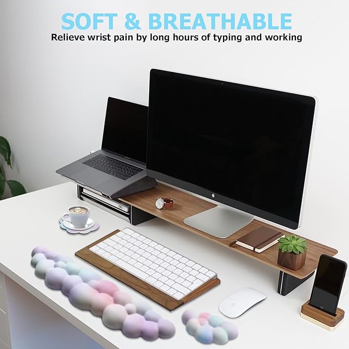 Cloud Wrist Rest Keyboard, PU Leather Memory Foam Wrist Support for Computer Keyboard, Ergonomic Keyboard Pad and Cute Mouse Wrist Pad for Gaming, Office, Computer, Easy Typing, Rainbow