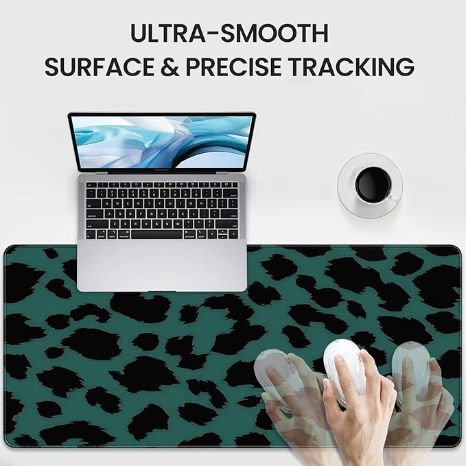 XXL Gaming Mousepad, Green and Black Leopard Print, 35.4 x 15.7 inches, Non-Slip Rubber Base, Extended Desktop pad