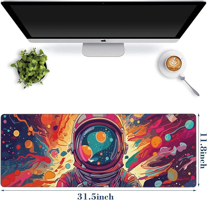 Large Mouse Pad Astronaut in The Universe Extended Gaming Mousepad Waterproof Desk Pad with Non-Slip Base and Stitched Edge Keyboard Pad 11.8 x 31.5 Inch Mouse Mat for Home Office Desk Decor