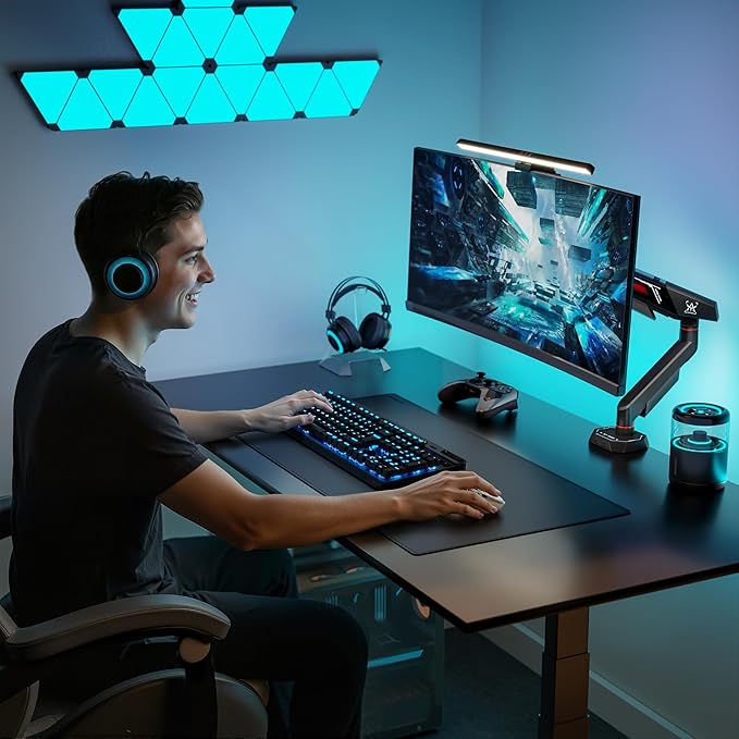 ARES WING Single Monitor Arm for 17-40 Inch Flat Curved Ultrawide Screens Up to 26.5lbs, Fully Adjustable Single Monitor Mount, C-Clamp & Grommet Base, 75/100 Vesa Mount, Black