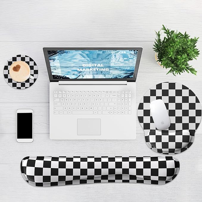 Ergonomic Mouse Pad with Wrist Rest and Keyboard Wrist Rest, Mousepad and Keyboard Pad, Non-Slip Rubber Base, Mouse Pad with Wrist Support for Gaming, Computer, Office, Black Checkered