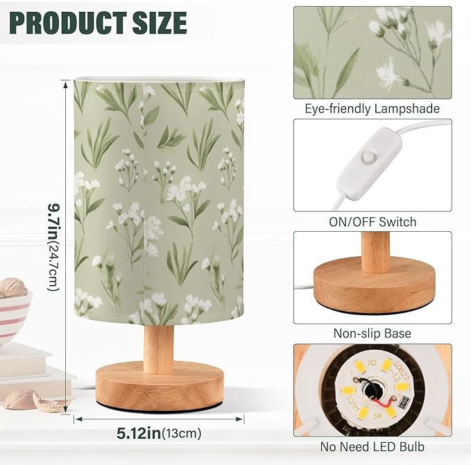 Flower LED Table Lamp, Bedside Lamp with Linen Lampshade, Flicker-Free Eye Care USB Plug in Nightstand Lamp, for Bedroom and Office
