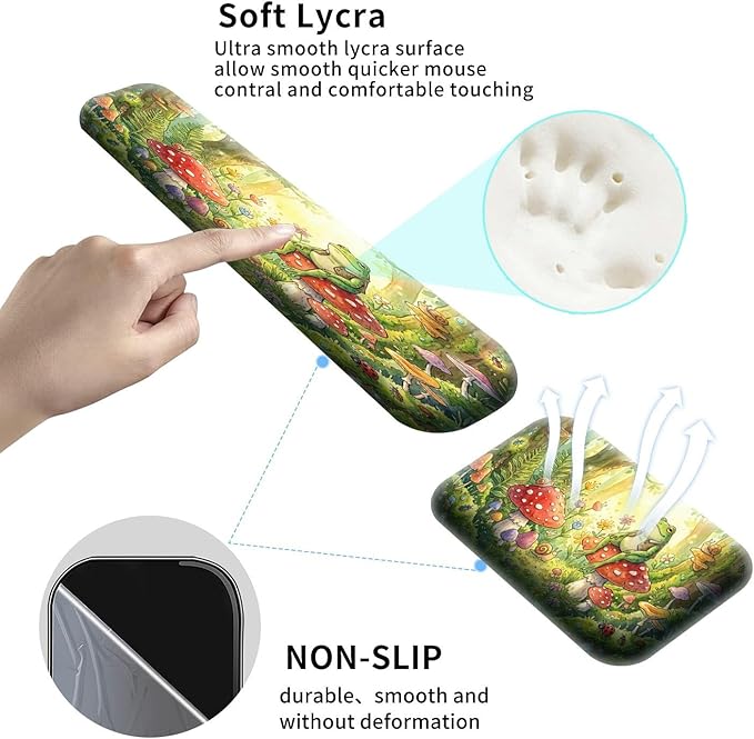 Large Gaming Mouse Pad + Memory Foam Ergonomic Keyboard Wrist Rest Support + Wrist Rest + Coaster, Green Desk Decor Mat, Stitched Edge Non Slip Desk Mat 4PC for Office & Home, Cute Frog Kawaii