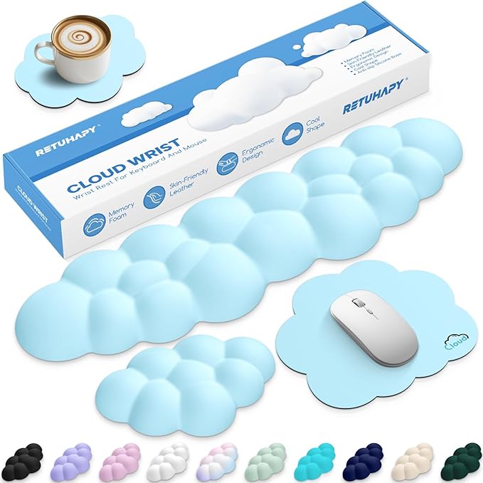Cloud Wrist Rest Keyboard Cushion, 4-in-1 Ergonomic Cloud Keyboard Wrist Rest and Mouse Pad Set with Memory Foam Arm Support for Palm, Cute Desk Accessory for PC Gaming Setup, Blue