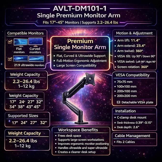 AVLT Single 17"-45" Monitor Arm Desk Mount Premium Mechanical Spring fits One Flat/Curved/Ultrawide Monitor Full Motion Height Swivel Tilt Rotation Adjustable, Black