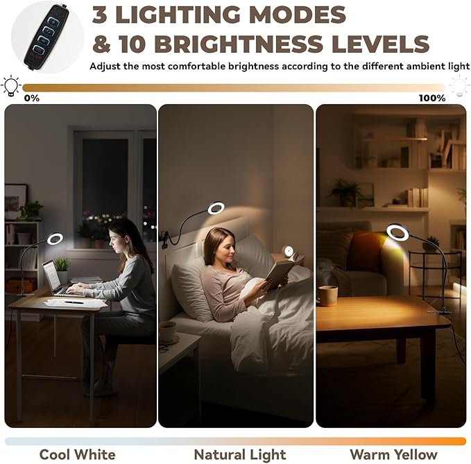 Clip on Lamp, 5X Magnifying Glass with Light LED Desk Lamp with Clamp Bright Clip Light for Bed Bedside Table, Adjustable Reading Light for Bed, Desk Lights (Black with Magnifying)