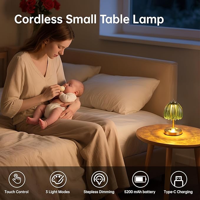 Set of 2 Tulip Table Lamp with 5200mAh Battery & Touch Control, Cordless Small Table Lamp with 3 Colors, Rechargeable Battery Operated Table Lamps for Nightstand, Bedroom (Green Tulip)