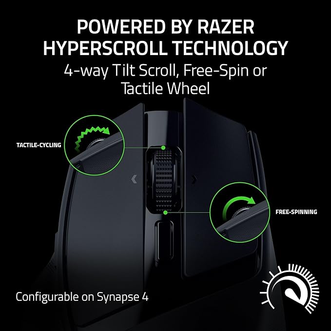 Razer Basilisk Mobile Portable Ergonomic Wireless Gaming Mouse: 10 Programmable Controls HyperScroll - Optical Switches Gen-3 - Long Battery Life - AI Prompt - 2.4 GHz, Bluetooth, USB C