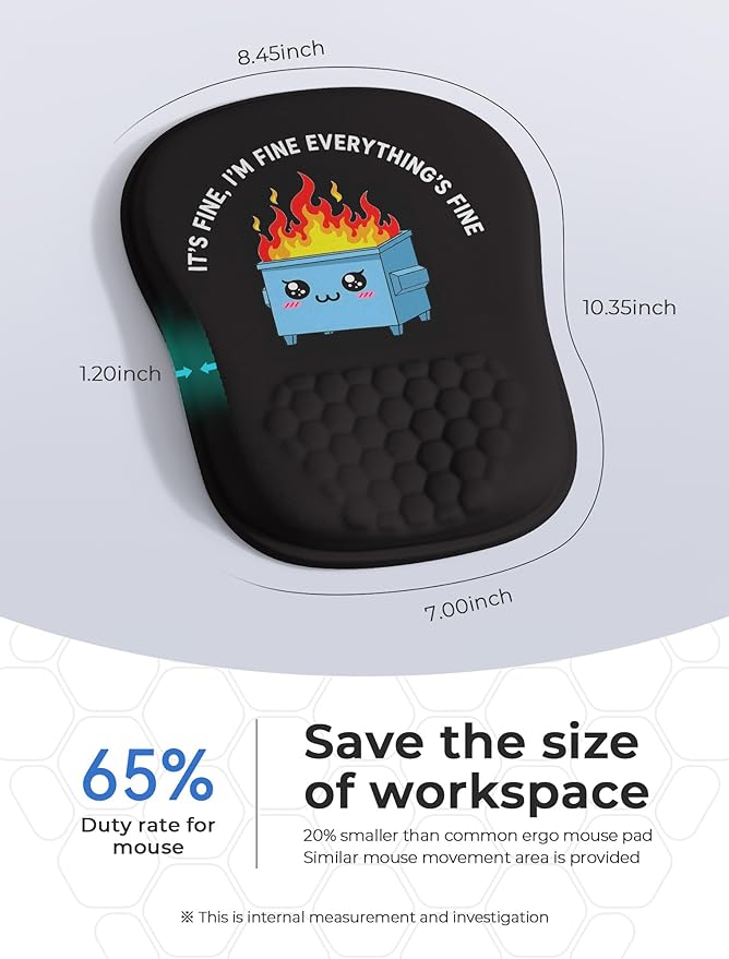 Funny Dumpster on Fire Ergonomic Mouse Pad for Carpal Tunnel Pain Relief, 65% Usable Mouse Area, Memory Foam Concave Wrist Rest for for Office, PC, Gaming