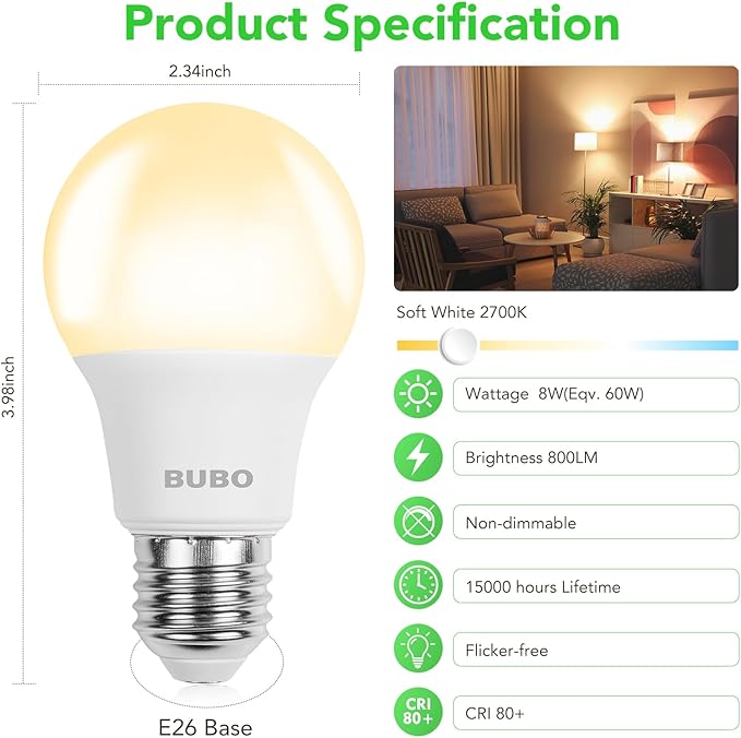 BUBO LED Light Bulbs, 60 Watt Equivalent LED Bulbs A19, 2700K Soft White Light Bulbs, 800 Lumens, E26 Standard Base, Non-Dimmable, 8W Bright White LED Bulbs for Bedroom Home Office, 24 Pack