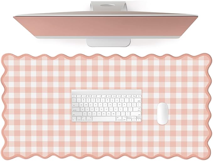 Scalloped‌ Pink Checkered Gingham Desk Mat Cute Pastel Large Mouse Pad Kawaii Cottagecore ‌Vintage‌ Girly Laptop Keyboard Computer Mat Pad Aesthetic Cozy Office Desk Decor for Women