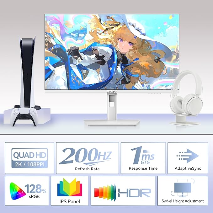 27 Inch White 180/200Hz Gaming Monitor, QHD 2560x1440 Fast IPS PC Monitor, Adaptive Sync, 100% sRGB, HDR10, Built-in Speaker, Height/Swivel/Tilt/Rotating Adjustable Stand, HDMI, Displayport
