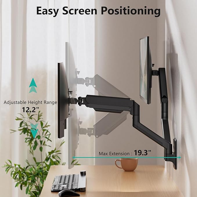 WALI Dual Monitor Wall Mount for 17 to 32 inch Screens, Monitor Wall Mounts for 2 Monitors, Holds up to 22 lbs, Fully Adjustable Gas Spring Monitor Arm,75x75/100x100 VESA Wall Mount (GSWM002), Black