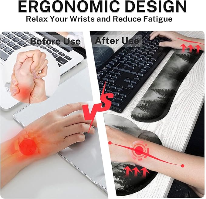 Arttown Misty Desk Mat Forest Mouse Pad Set 4 in 1 Tree Foggy Ergonomic Design Large Desk Pad + Keyboard Wrist Rest + Mouse Wrist Rest + Coaster Suitable for Home Office Study Game