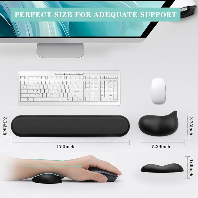 Wrist Rest for Keyboard and Mouse Pad, Ergonomic Memory Foam Keyboard Wrist Rest Set, Luxe Leather, Non-Slip Desk Accessories for Office and Home (Black)