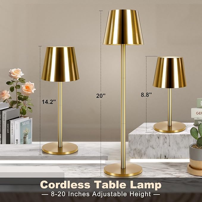 Gold Cordless Table Lamp,8-20 Inches Adjustable Height, 5000mAh Rechargeable LED Desk Lamp, 3 Color Stepless Dimmable, Portable Table Light for Indoor/Outdoor