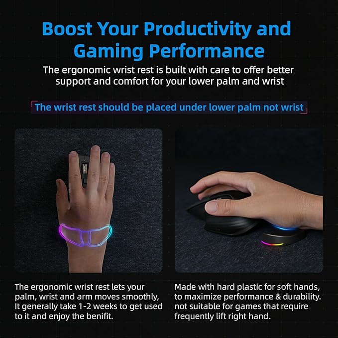 HornsX1 Right-Handed RGB Ergonomic Gliding Palm Rest for Mouse, Wrist Rest Pad, 3 RGB Lighting Modes, Reduce Wrist Pain, Anti-Fatigue, for Gaming/Office Work Casual Use - Black2, 1 PCS
