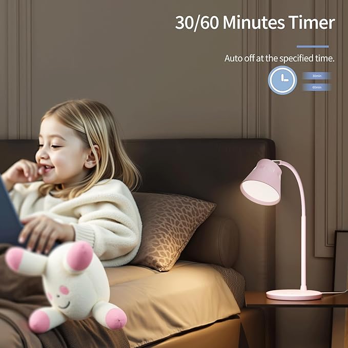AXX TU08 Pink Cute Desk Lamp with USB Charging Port, 650 Lumens 3-Color Modes, 5-Touch Dimming, 30/60-Minute Timer, 18-Inch LED Small Table Light for Kids Teen Girls, College Dorm Room Essentials