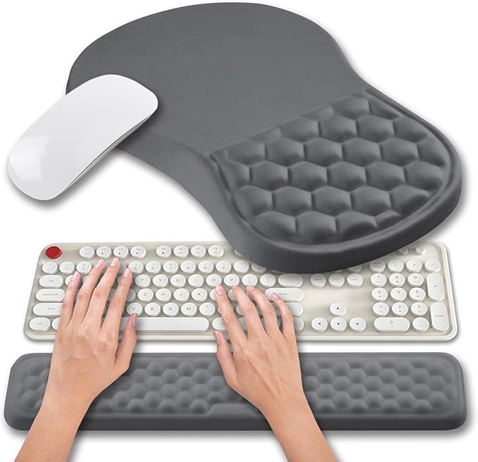 Hokafenle 2 in 1 Ergonomic Mouse Pad Wrist Support & Wrist Rest for Computer Keyboard Set, with Memory Gel Massage Bulge Design (2In1 Set, Dark Gray)