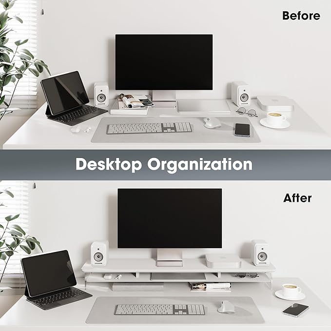 Fenge Acrylic Monitor Stand Riser, 42.5 Inches Dual Monitor Stand with Metal Storage, 2 Tier Acrylic Computer Riser for Desk, Clear Laptop Stand for PC, Laptop, Printer, TV, White