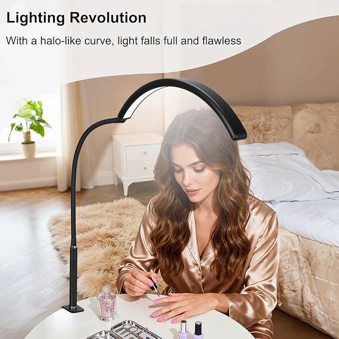 Half Moon LED Desk Light for Nail Techs & Artists – No Flicker & Shadow-Free Arch Light for Salon Use with Clamp, Stepless Brightness Table Lamp & 5 Color Modes for Manicure, Tattoo, Beauty Work