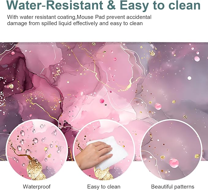 Pink Marble Gaming Mouse Pad 35.4x15.7Inch Large Desk Mat Anti-Slip Rubber Base & Durable Stitched Edges for Gamers Smooth Mouse Writing Surface for Desk Office/Home
