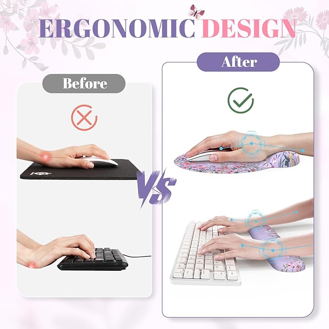 iCasso Desk Mat Set,Large Mouse Pad with Wrist Rest,Ergonomic Keyboard Wrist Support for Women,Girly Floral Computer Mat with Scalloped Edges,Non-Slip Desk Pad Home Office Gaming (Purple)