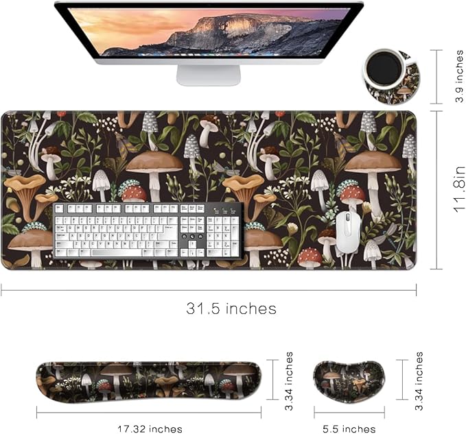 MIBITRI Keyboard Mouse Pad Set, Extended Gaming Mouse Pad+Ergonomics Keyboard Wrist Rest Support, Memory Foam, Easy Typing, 3Pcs XXL Ultra Thick Desk Mat, Cute Mushroom