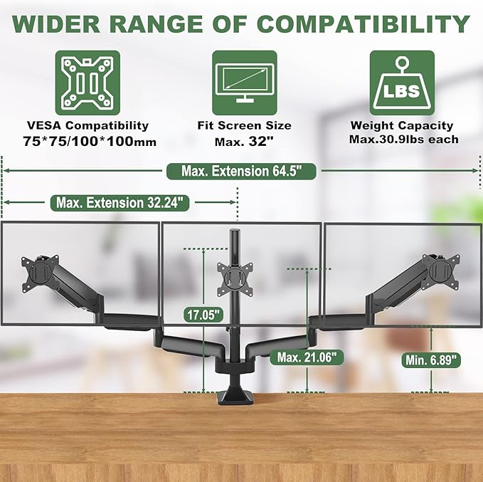 Triple Monitor Stand for Three Computer Screens up to 32”, Heavy Duty C-Clamp Base, Fully Adjustable Gas Spring 3 Monitor Desk Mount Arms Hold up to 30.9 lbs Each