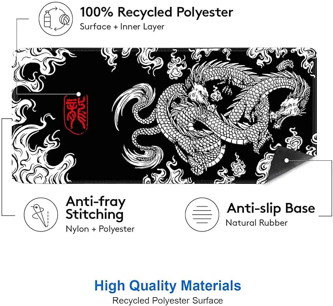IMAYONDIA Large Gaming Mouse Pad (35.4x15.7 in), Big Extended Non-Slip Rubber Base Mousepad with Stitched Edges, Keyboard Mouse Mat Desk Pad for Work, Gamer, Office, Computer - Black and White Dragon