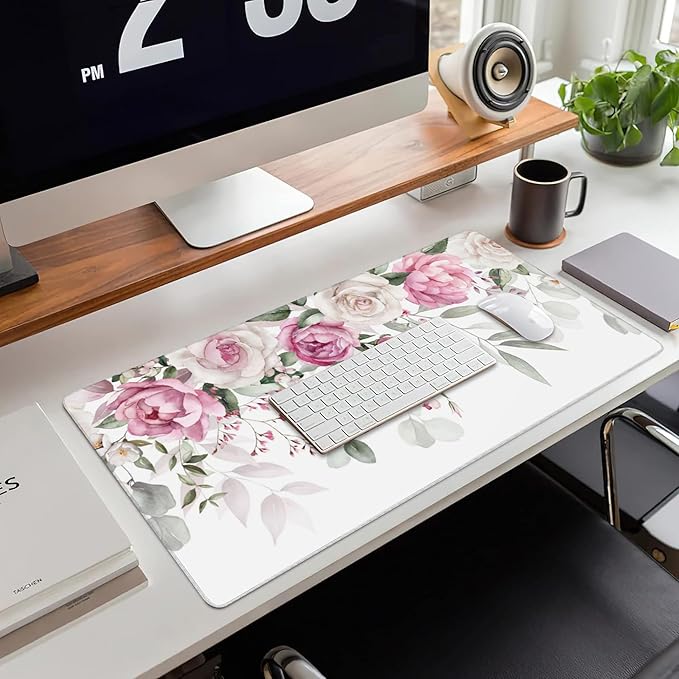 Large Gaming Mouse Pad for Desk,Pink Peony Flowers Eucalyptus Leaves Desk Mat,Watercolor Floral Desk Pad,Extended Big Computer Keyboard Mouse Pad with Non-Slip Base Stitched Edge 35.4"x15.7"