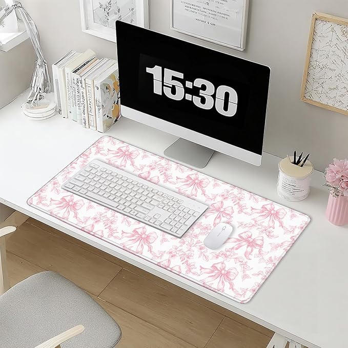 Coquette Pink Floral Large Mouse Pad 31.5x15.7inch, Trendy Girly Pink Bow Peony Flower Aesthetic Large Extended Computer Desk Mat Mousepad for Keyboard and Mouse, Preppy Desk Accessories