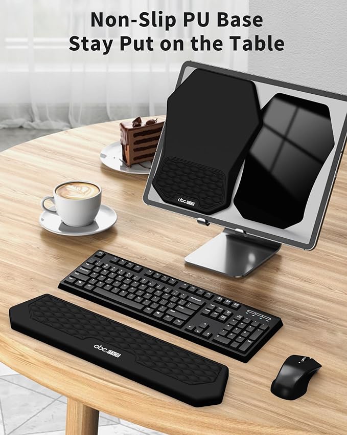 Ergonomic Mouse Pad and Keyboard Wrist Rest Support Set, Massage Design Mousepad for Carpal Tunnel, Memory Foam, Non-Slip PU Base for Computer Desk, Black