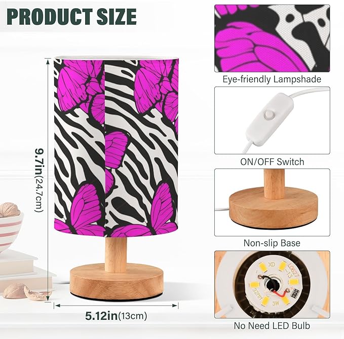 Zebra Butterfly LED Table Lamp, Bedside Lamp with Linen Lampshade, Flicker-Free Eye Care USB Plug in Nightstand Lamp, for Bedroom and Office