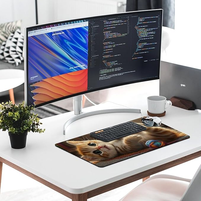 Large Ergonomic Gaming Mouse Pad Curious Kitten Playtime - Cute Cat Theme with Non-Slip Base Water-Resistant Surface and Stitched Edges 40X75cm