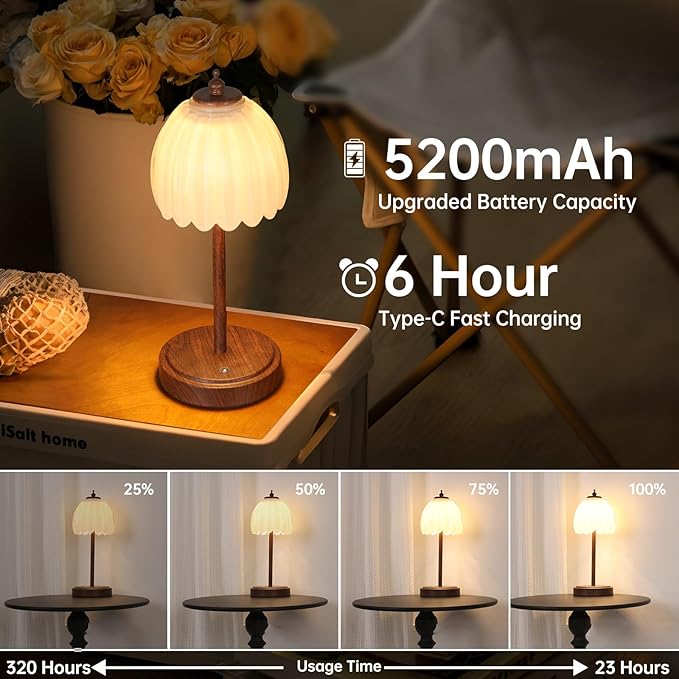 Tulip Table Lamp with 5200mAh Battery & Touch Control, Small Cordless Table Lamp with 3 Colors, Rechargeable Battery Operated Table Lamps for Bedroom, Desk, Bedside (White-Walnut Color)