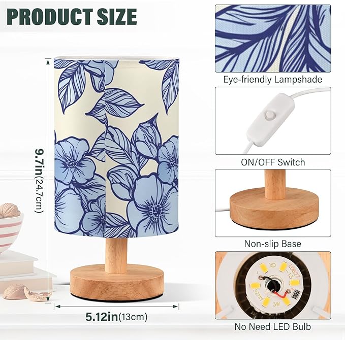 Blue Floral LED Table Lamp, Bedside Lamp with Linen Lampshade, Flicker-Free Eye Care USB Plug in Nightstand Lamp, for Bedroom and Office
