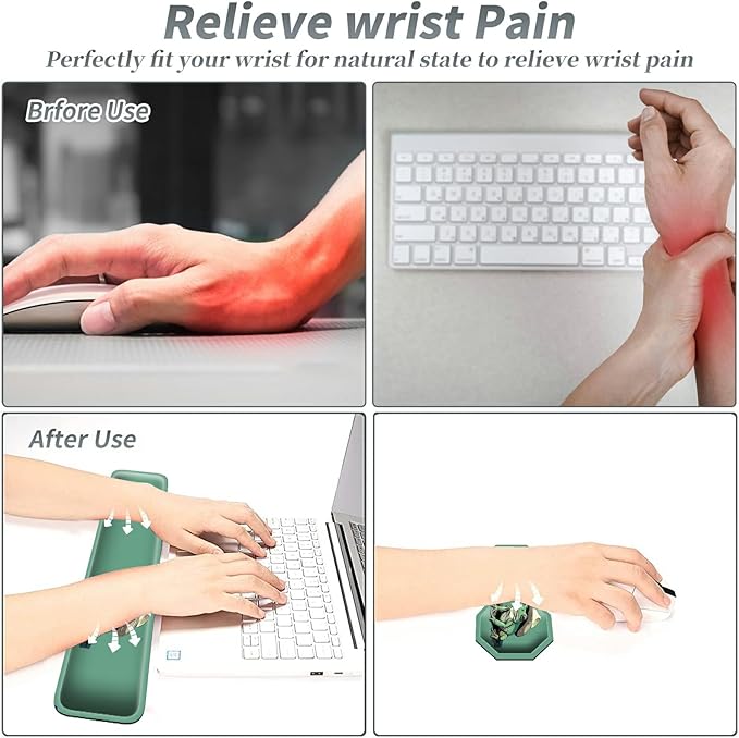 3Pcs Mouse Pad Set, Green Frog Large Gaming Mouse Pad with Stitched Edge, Ergonomic Memory Foam Keyboard Wrist Support and Mouse Wrist Rest Cushion, Pain Relief Non-Slip Desk Pad Combo