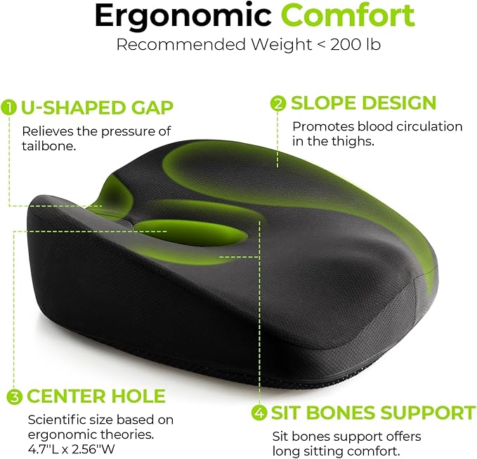 AUVON Innovative Donut Pillow, Scientific Center Hole and Coccyx Cutout, Orthopedic Donut Seat Cushion for Coccyx & Tailbone Support, Postpartum Pregnancy, After Surgery Sitting Comfort