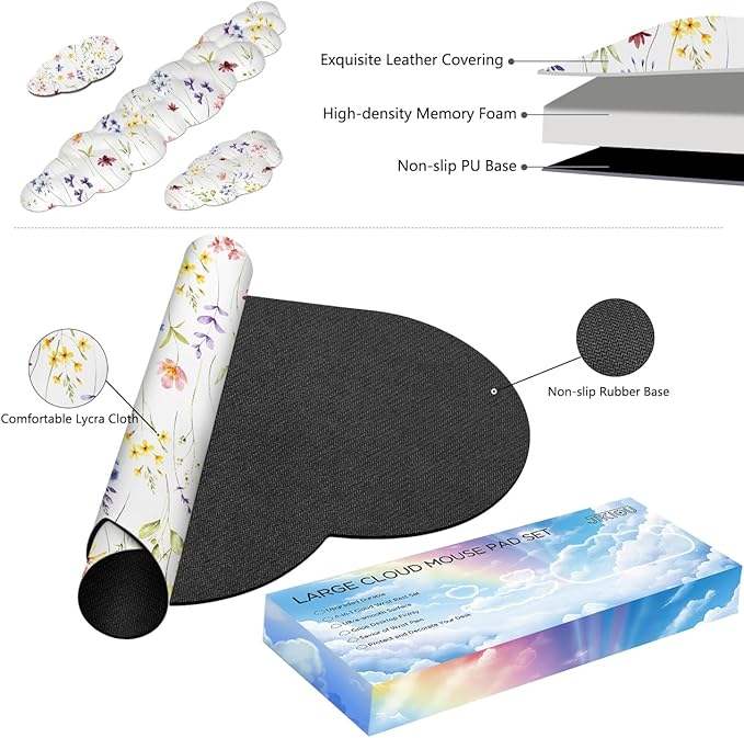 JIKIOU Large Cloud Mouse Pad Waterproof with Cloud Keyboard Wrist Pad and Cloud Mouse Wrist Pad Set, Ergonomic Computer Desk Wrist Support Mousepad for Keyboard and Mouse 35.4x15.7in White Flowers
